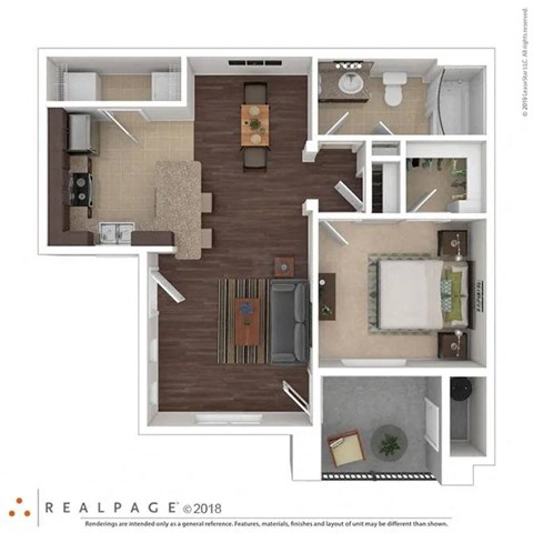 Floor plan for 1 bed, 1 bath, 741 sqft